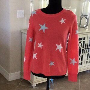 Cynthia Rowley cashmere sweater, coral color with pale blue and white stars, M